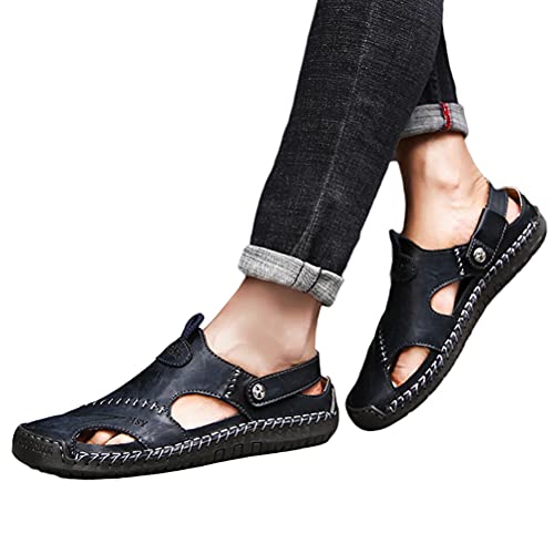 Onsoyours Herren Rindleder Geschlossene Sandalen Männer Wandersandalen Strandschuhe Ledersandalen Sommer Slipper Loafer Schwarz 46 EU von Onsoyours