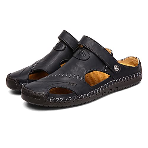 Onsoyours Herren Rindleder Geschlossene Sandalen Männer Wandersandalen Strandschuhe Ledersandalen Sommer Slipper Loafer Schwarz 48 EU von Onsoyours