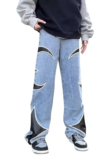 Onsoyours Herren Straight Jeans Farbblock Patchwork Denim Hose Retro Nähen Loose Jeans Jogginghose Streetwear F01 Blau 3XL von Onsoyours