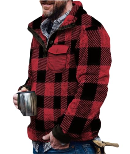 Onsoyours Herren Sweatshirt Pullover Kunstfell Doppelseitige Wolle Jacke mit Taschen Warm Plüsch Mantel Plüschjacke Rote Kiste XL von Onsoyours
