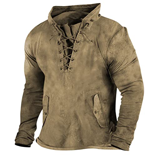 Onsoyours Herren T-Shirts Vintage Langarm Distressed Henley Shirt Outdoor Sports Tactical T-Shirt Tops Casual Mittelalter Hemd Schnürhemd V-Ausschnitt Hemd mit Kapuze A Khaki XL von Onsoyours