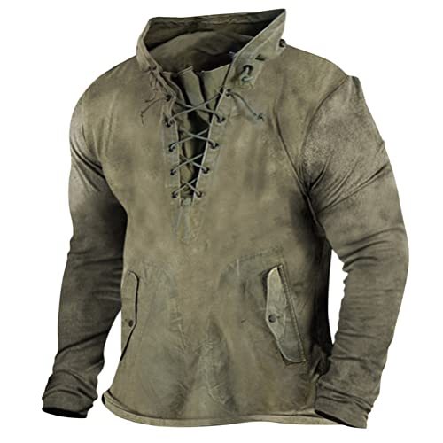 Onsoyours Herren T-Shirts Vintage Langarm Distressed Henley Shirt Retro Outdoor Sports Tactical T-Shirt Tops Casual Mittelalter Hemd Schnürhemd V-Ausschnitt Hemd mit Kapuze A Armeegrün L von Onsoyours