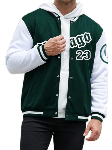 Onsoyours Herren Vintage College Jacke Bomberjacke Baseball Jacke Übergangsjacke Oversized Druck Jacken Plüsch Mantel mit Knöpfen Mode Sweatjacke für Winter Herbst A Dunkelgrün M von Onsoyours