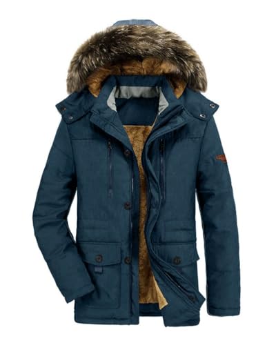 Onsoyours Herren Warme Winterjacke Parka Jacke mit Plüsch Wintermantel mit Kapuze Übergangsjacke Gefütterte Winterparka Outdoor Mantel A Blau Medium von Onsoyours