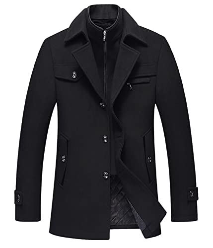 Onsoyours Herren Wintermantel Wolle Winter Kurzmantel Mittellang Wollmantel Abnehmbare Doppelkragen Kurz Winterjacke für Business Freizeit Freien Slim Fit Jacke B Schwarz XL von Onsoyours