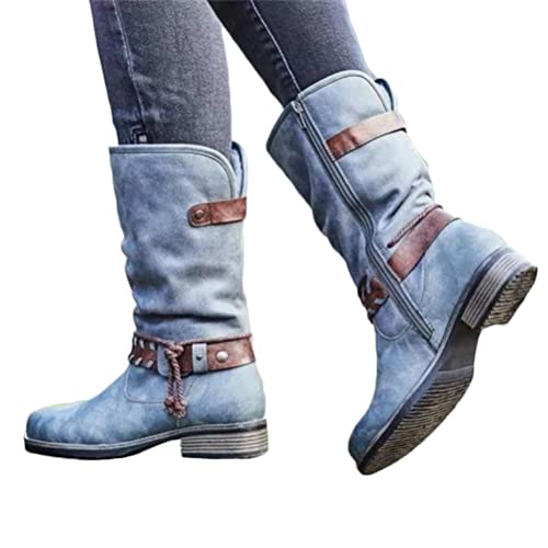 Onsoyours Hohe Stiefel Damen Mit Absatz Lange Stiefel Damen Sexy Flach Winterstiefel Casual Cowboy Stiefel Winterstiefel Westernstiefel KlassischWinterschuhe A Hellblau 39 EU von Onsoyours