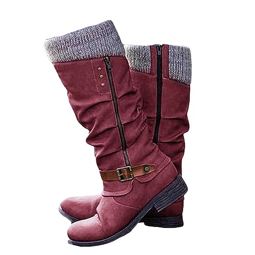 Onsoyours Hohe Stiefel Damen Mit Absatz Lange Stiefel Sexy Flach Winterstiefel Casual Cowboy Stiefel rutschfeste Winterstiefel Westernstiefel Klassisch Winterschuhe B Rot 39 EU von Onsoyours