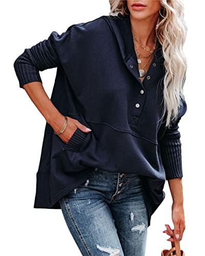 Onsoyours Hoodie Damen Pullover Kapuzenpullover Damen Button Down V-Ausschnitt Langarm Pullover Sweatshirt mit Kapuze Oberteil Lose Tops Marine XL von Onsoyours