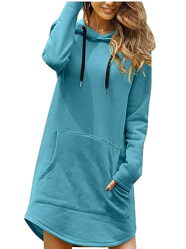 Onsoyours Hoodie Kleid Damen Hoodie Langarm Sweatshirts mit Kapuze Kapuzenpullover Lang Kleid Sweatkleid Herbst Winter Minikleid Casual Minikleid Pulloverkleid mit Taschen A Blau 3XL von Onsoyours