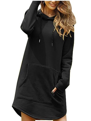 Onsoyours Hoodie Kleid Damen Hoodie Langarm Sweatshirts mit Kapuze Kapuzenpullover Lang Kleid Sweatkleid Herbst Winter Minikleid Casual Minikleid Pulloverkleid mit Taschen A Schwarz 3XL von Onsoyours