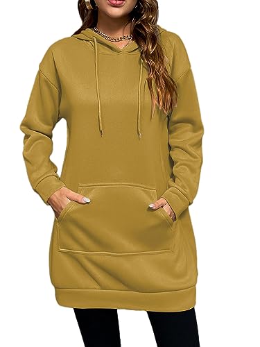 Onsoyours Hoodie Kleid Damen Langarm Sweatkleid Sweatshirt Lang Kapuzenpullover Winterkleid Herbstkleid Kleid Mini Sweatshirtkleid Kapuzenpulli Kapuze Sport mit Taschen A Gelb XXL von Onsoyours