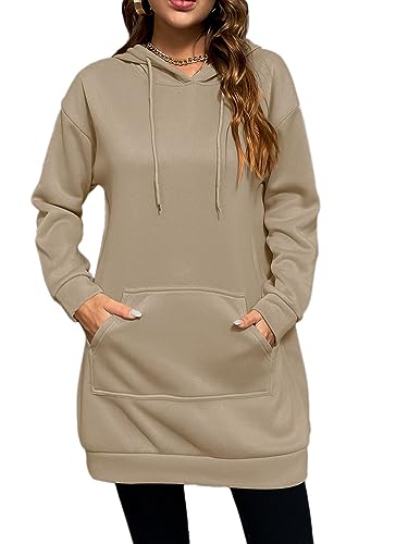 Onsoyours Hoodie Kleid Damen Langarm Sweatkleid Sweatshirt Lang Kapuzenpullover Winterkleid Herbstkleid Kleid Mini Sweatshirtkleid Kapuzenpulli Kapuze Sport mit Taschen A Khaki L von Onsoyours