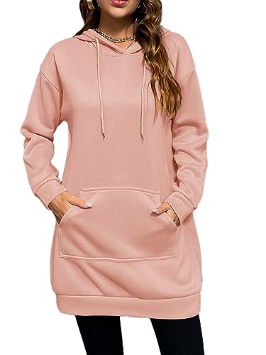 Onsoyours Hoodie Kleid Damen Langarm Sweatkleid Sweatshirt Lang Kapuzenpullover Winterkleid Herbstkleid Kleid Mini Sweatshirtkleid Kapuzenpulli Kapuze Sport mit Taschen A Rosa XL von Onsoyours