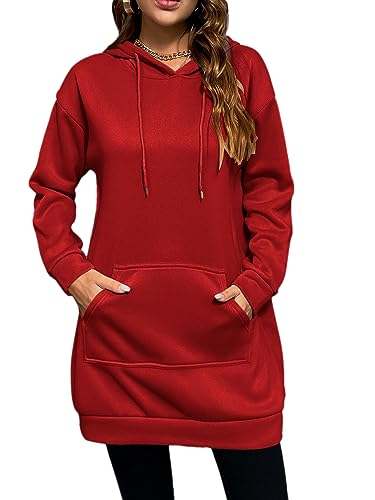 Onsoyours Hoodie Kleid Damen Langarm Sweatkleid Sweatshirt Lang Kapuzenpullover Winterkleid Herbstkleid Kleid Mini Sweatshirtkleid Kapuzenpulli Kapuze Sport mit Taschen A Weinrot XL von Onsoyours