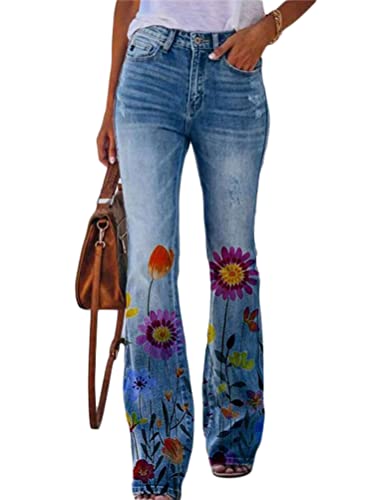 Onsoyours Hose Damen Elegant Leichte Schlaghose Bootcut Flared Hose Sommerhose Lose Freizeithose Mode Weites Bein Vintage Bedruckte Gerade Pants Blau B S von Onsoyours