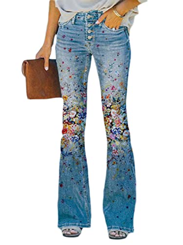 Onsoyours Hose Damen Elegant Leichte Schlaghose Bootcut Flared Hose Sommerhose Lose Freizeithose Mode Weites Bein Vintage Bedruckte Gerade Pants Blau G S von Onsoyours