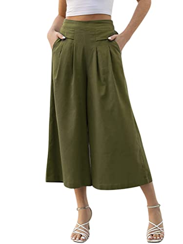 Onsoyours Hose Damen Hosenrock Palazzo Hose Culotte Hose Ladies Hose Weites Bein Hose High Waisted mit Elastischem Bund Lang Sommerhose A Armeegrün M von Onsoyours