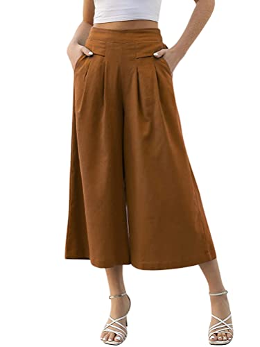 Onsoyours Hose Damen Hosenrock Palazzo Hose Leichte Culotte Hose Ladies Hose Weites Bein Hose High Waisted mit Elastischem Bund Lang Sommerhose A Braun M von Onsoyours