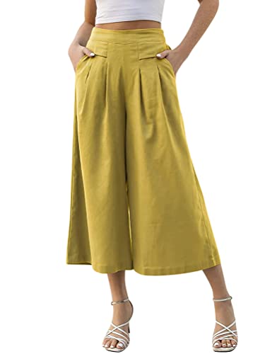 Onsoyours Hose Damen Hosenrock Palazzo Hose Leichte Culotte Hose Ladies Hose Weites Bein Hose High Waisted mit Elastischem Bund Lang Sommerhose A Gelb L von Onsoyours