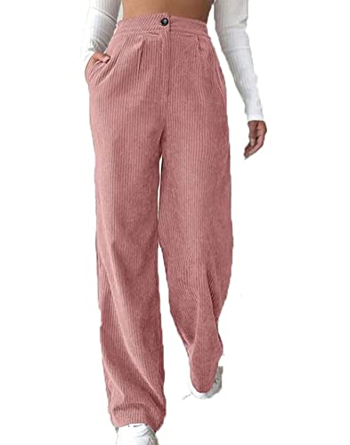 Onsoyours Hose Damen Lange Freizeithose High Waist Cordhose mit Bundfalten Elastische Taille Haremshose Freizeithose Weite Hosen mit Taschen D Rosa M von Onsoyours