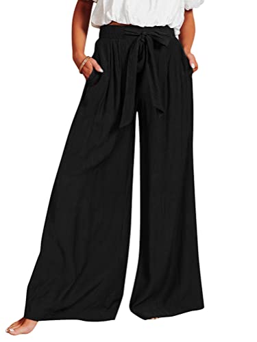 Onsoyours Hose Damen Sommer High Waist Weitehose Palazzo Hose Damen Elegant Sommerhose Damen Leicht Hosenrock Damen Lang Sommer Plissee Hose Madchen Marlenehose Damen mit Taschen A Schwarz XXL von Onsoyours