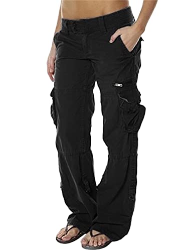 Onsoyours Hosen Cargo Damen Multi Taschen Mode Jogginghose Loose Sporthose High Waist Bequem Gerade Freizeithose Einfarbig Outdoorhosen Arbeitshosen Schwarz XXL von Onsoyours