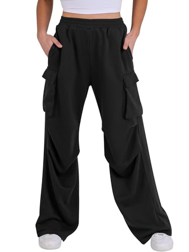Onsoyours Hosen Damen Lang Cargohose High Waist Sporthose Hip Hop Freizeithose Baggy Jogginghose Elastische Trainingshose Teenager Streetwear Mit Taschen A Schwarz XS von Onsoyours