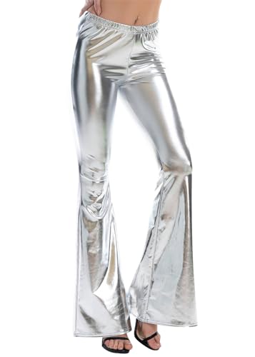Onsoyours Hosen Damen Metallic Glänzed Schlaghose Weite Bein Hose Hoher Bund Bootcut Glitzer Tanzhosen Wet Look Stretch Partyhose Schlanke Streethose Disco Clubwear A Silber M von Onsoyours