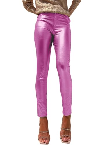 Onsoyours Damen Metallic Glänzend Jogger Casual Holographische Farbe Streetwear Hosen Hip Hop Mode Glatte Elastische Hosen A Rose Rot M von Onsoyours