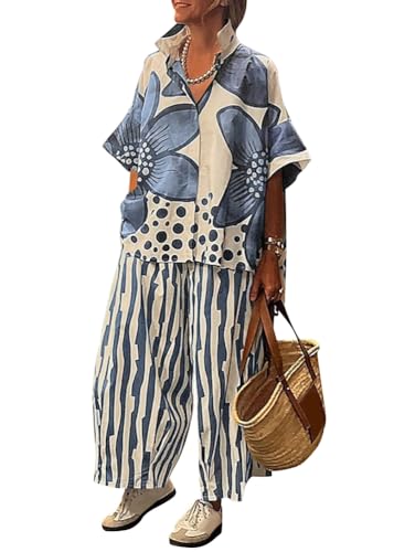 Onsoyours Hosenanzüge Damen Elegant 2 Teiler Sommer Outfits Freizeitanzug Druck Shirts Und Hose Sets Jogginganzug Tracksuit Loungewear Streetwear A Blau XL von Onsoyours