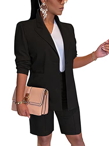 Onsoyours Hosenanzüge für Damen Blazer Anzug Set 2 Teilige Outfits Einfarbig Lässiges Elegant Business Anzugshorts Zweiteiler Slim Fit Streetwear A Schwarz XL von Onsoyours