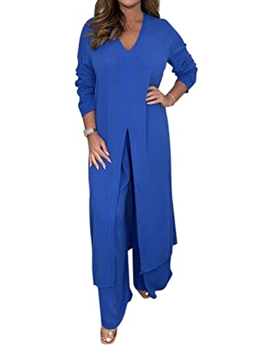 Onsoyours Hosenanzug Damen Hochzeit Festlich Elegant 2 Teilig Loungewear Einfarbig Sommer Outfits Streetwear Freizeitanzug Anzug 2 Teiler Hausanzug Zweiteiler Tracksuit Set A Blau 3XL von Onsoyours