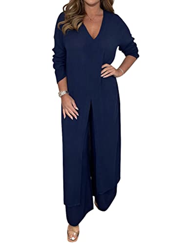 Onsoyours Hosenanzug Damen Hochzeit Festlich Elegant 2 Teilig Loungewear Einfarbig Sommer Outfits Streetwear Freizeitanzug Anzug 2 Teiler Hausanzug Zweiteiler Tracksuit Set A Dunkelblau 3XL von Onsoyours