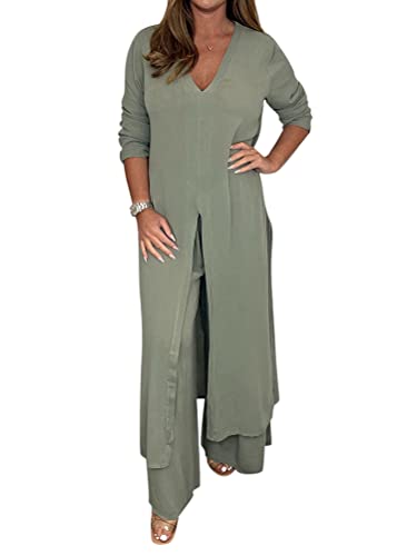 Onsoyours Hosenanzug Damen Hochzeit Festlich Elegant 2 Teilig Loungewear Einfarbig Sommer Outfits Streetwear Freizeitanzug Anzug 2 Teiler Hausanzug Zweiteiler Tracksuit Set A Grün 3XL von Onsoyours