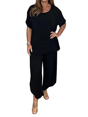 Onsoyours Hosenanzug Damen Hochzeit Festlich Elegant 2 Teilig Loungewear Einfarbig Sommer Outfits Streetwear Freizeitanzug Anzug 2 Teiler Hausanzug Zweiteiler Tracksuit Set B Schwarz 3XL von Onsoyours