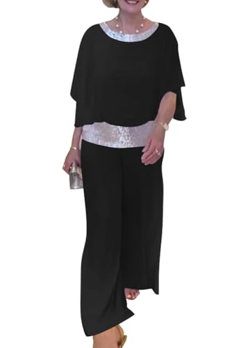 Onsoyours Hosenanzug Damen Pailletten Rundhalsausschnitt Anzug Tüll Abendanzug Sets Zweiteiler Chiffon Shirt Und Lange Hose Weites Bein Anzughose Outfit Cocktail Party A Schwarz L von Onsoyours