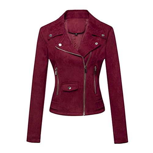 Onsoyours Jacke Damen Kunstlederjacke Reißverschluss Lederjacke Leicht Motorradjacke Bikerjacke Übergangsjacke Outdoorjacke Slim Fit Trekkingjacke Kurzmantel B Rot XS von Onsoyours