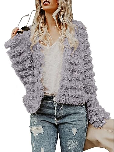 Onsoyours Jacke Damen Kunstpelz Mantel Langarm Stehkragen Winter Weiche Shaggy Cardigan Coat Elegant Oberbekleidung Strickjacke Warm Winterjacke Felljacke A Grau XL von Onsoyours