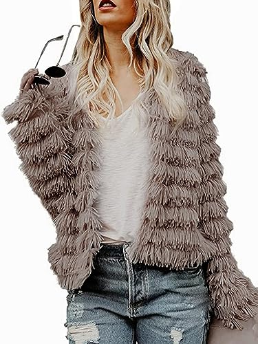 Onsoyours Jacke Damen Kunstpelz Mantel Langarm Stehkragen Winter Weiche Shaggy Cardigan Coat Elegant Oberbekleidung Strickjacke Warm Winterjacke Felljacke A Khaki XL von Onsoyours