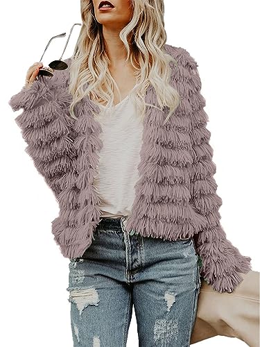 Onsoyours Jacke Damen Kunstpelz Mantel Langarm Stehkragen Winter Weiche Shaggy Cardigan Coat Elegant Oberbekleidung Strickjacke Warm Winterjacke Felljacke A Rosa L von Onsoyours