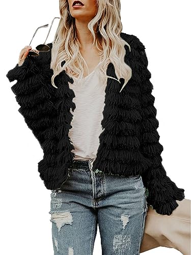 Onsoyours Jacke Damen Kunstpelz Mantel Langarm Stehkragen Winter Weiche Shaggy Cardigan Coat Elegant Oberbekleidung Strickjacke Warm Winterjacke Felljacke A Schwarz XL von Onsoyours