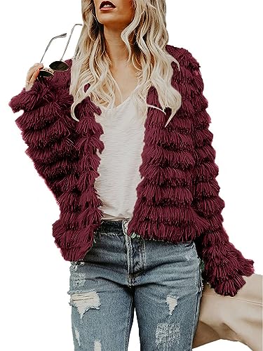 Onsoyours Jacke Damen Kunstpelz Mantel Langarm Stehkragen Winter Weiche Shaggy Cardigan Coat Elegant Oberbekleidung Strickjacke Warm Winterjacke Felljacke A Weinrot XL von Onsoyours