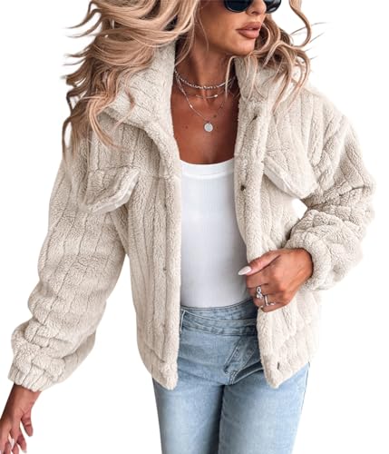 Onsoyours Jacke Damen Mantel Warme Fleece Casual Langarm Knopf Steppjacke Klassische Plüschjacke Cardigan Übergangs Wintermantel A01 Beige L von Onsoyours