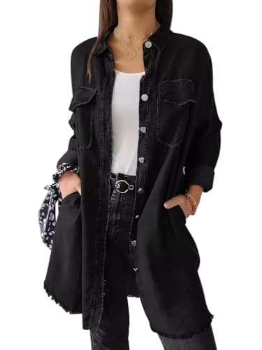 Onsoyours Jacke Damen Oversized Button Up Frayed Hem Shacket Langarm Taschen Denim Jean Jacket Lange Slim Fit Übergangsjacke Mit Knöpfen Winter Herbst Jacke A Schwarz XXL von Onsoyours