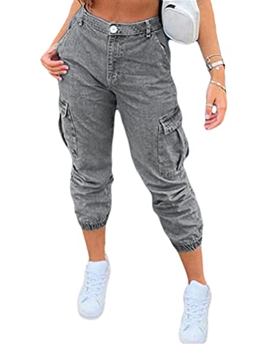 Onsoyours Jeans Damen Baggy Stretch Große Größen Jeanshose mit Taschen 7/8 Lang Loose Fit Middle Waist Slim Legs Jeanshose Grau XXL von Onsoyours