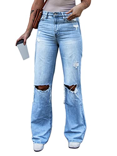 Onsoyours Jeans Damen Boyfriend Destroyed Jeans Jeanshosen Baggy Straight Jeans Lässige Strecken Röhrenjeans Zerrissene Hose mit Löchern C Hellblau S von Onsoyours