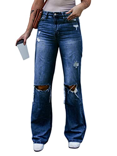 Onsoyours Jeans Damen Boyfriend Destroyed Jeans Jeanshosen Baggy Stretch Straight Jeans Lässige Strecken Röhrenjeans Zerrissene Hose mit Löchern C Dunkelblau XL von Onsoyours