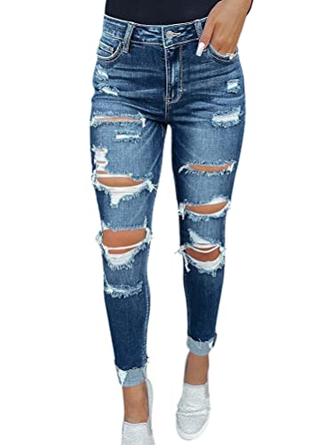 Onsoyours Jeans Damen Boyfriend Destroyed Jeans Jeanshosen Skinny Slim Fit Lässige Strecken Röhrenjeans Schlank Hochbund Hose Zerrissene Hose mit Löchern E Blau S von Onsoyours