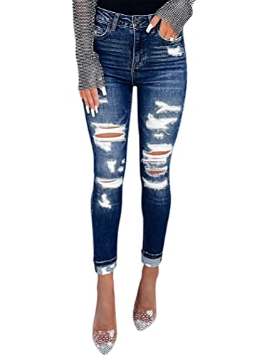 Onsoyours Jeans Damen Boyfriend Destroyed Jeans Jeanshosen Skinny Slim Fit Lässige Strecken Röhrenjeans Schlank Hochbund Hose Zerrissene Hose mit Löchern F Dunkelblau M von Onsoyours