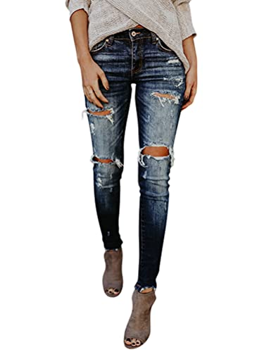 Onsoyours Jeans Damen Boyfriend Destroyed Jeans Jeanshosen Skinny Slim Fit Lässige Strecken Röhrenjeans Schlank Hochbund Hose Zerrissene Hose mit Löchern H Dunkelblau XL von Onsoyours